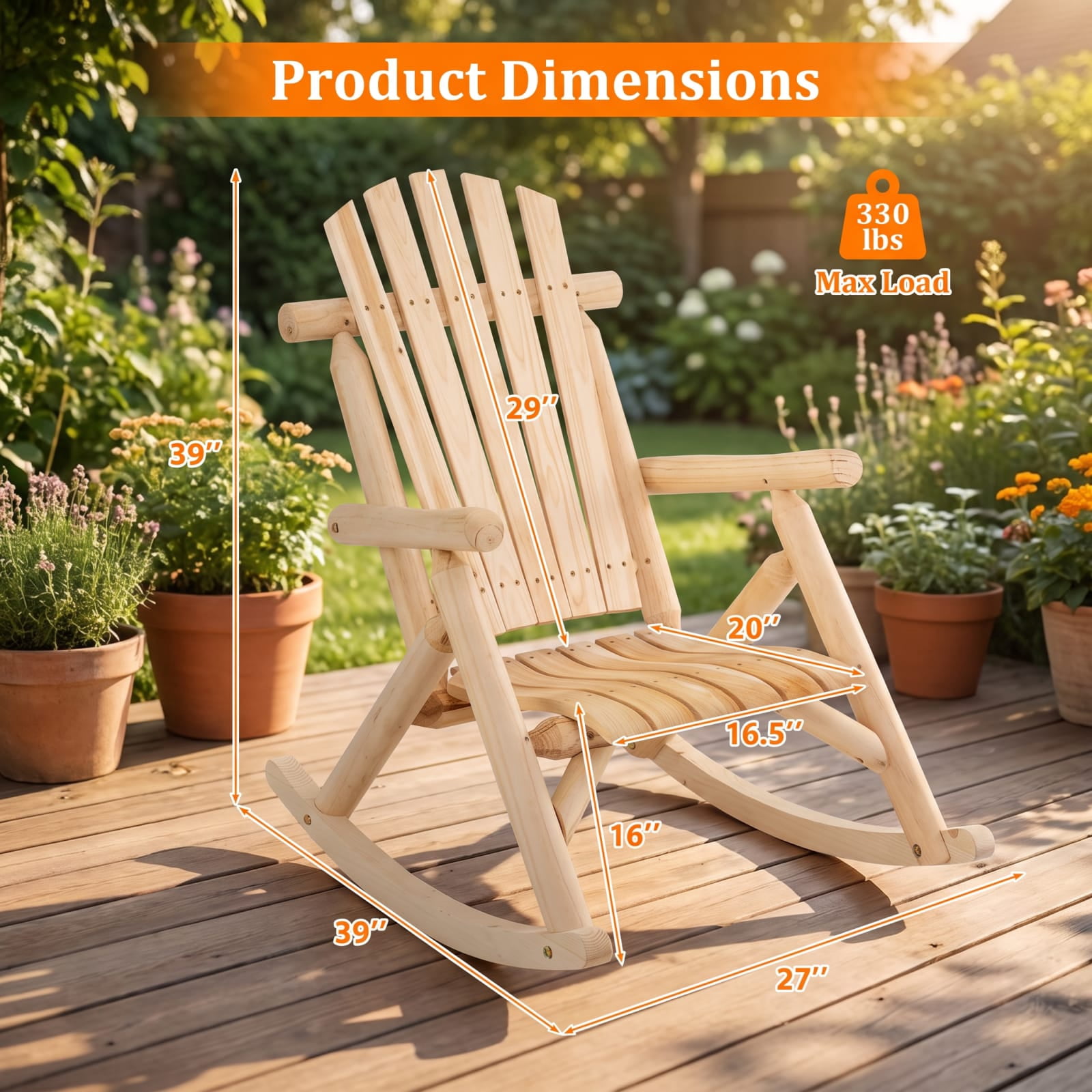 Furnibear Outdoor Rocking Chair for Patio Garden Backyard Outdoor Fir Wood 330 lbs Capacity Brown/Natural