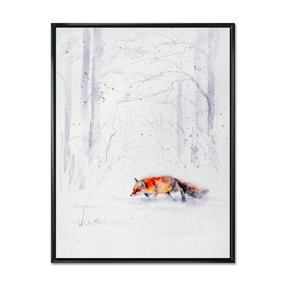 Designart 'Red Fox Running In White Snow in Countryside II' Farmhouse Framed Canvas Wall Art Print