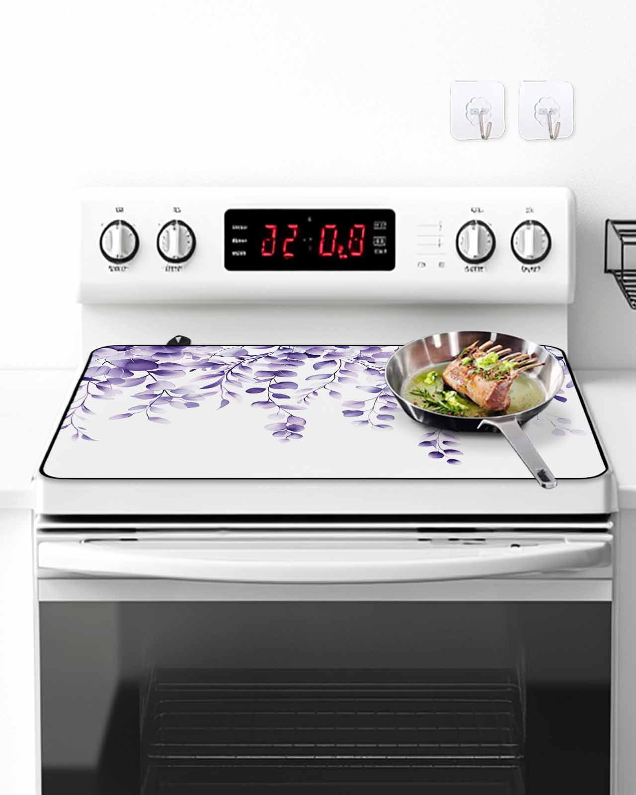 Stove Top Covers for Electric Stove, Purple Eucalyptus Glass Stovetop Cover Protector, Botanical Plant Rustic Branch Floral Induction Cooktop Protector Oven Mat for Kitchen Countertop 36"x21"