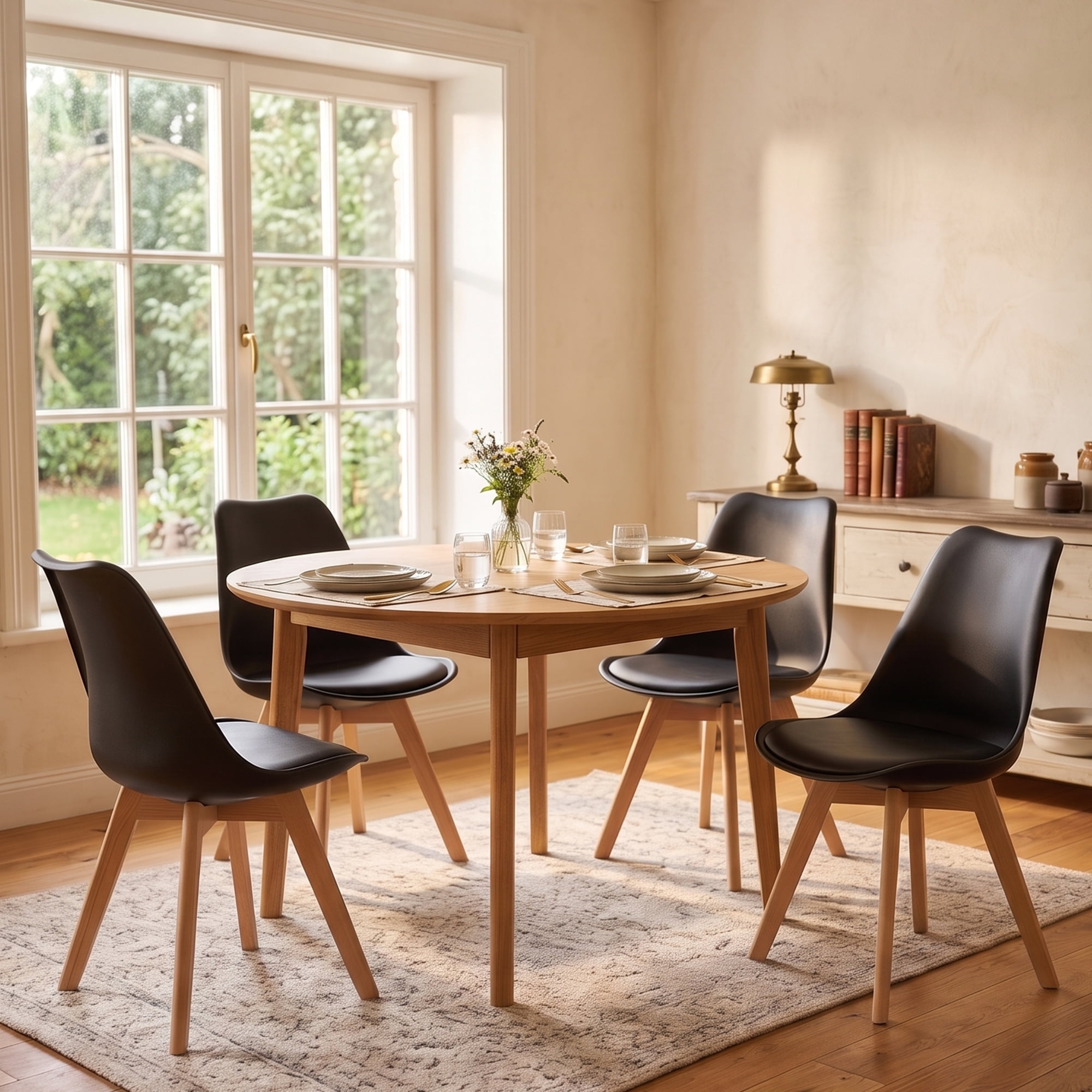 CONCETTA Set of 4 Dining Chairs with Padded Seats & Wooden Legs for Kitchen or Living Room, Black