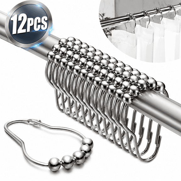 12 Pack Stainless Steel Shower Curtain Rings for Bathroom by Emlimny - Rust Proof Shower Curtain Hooks for Bathroom, Metal Shower Curtain Hooks, Chrome (Silver)