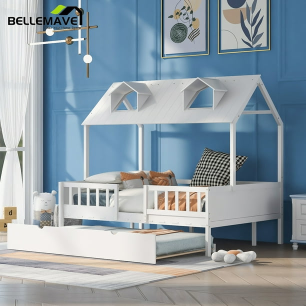 Bellemave White Full Size House Platform Bed with Twin Trundle Bed for