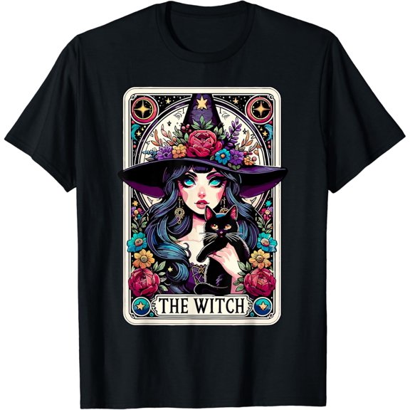 Velto The Witch Tarot Card Gothic Witchy Vibes Black Cat T-Shirt All Size S-5XL