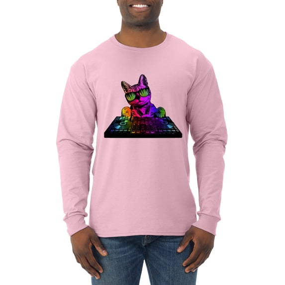 Neon Retro Rainbow DJ MC Hip Hop Cat | Mens Cat Lover Long Sleeve T-Shirt, Light Pink, X-Large