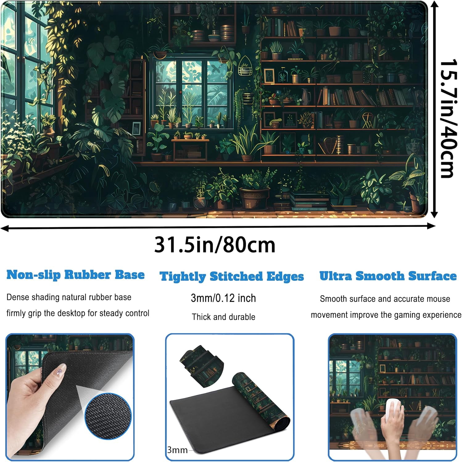Green Plant Desk Pad Gaming Pad Extra Large Desk Mats Full Desk Mouse Pad XXL, Desktop Mat Computer Laptop Keyboard Pads, Office Home Decor Table Pad Cute Desk Accessories 31.5" x 15.7"