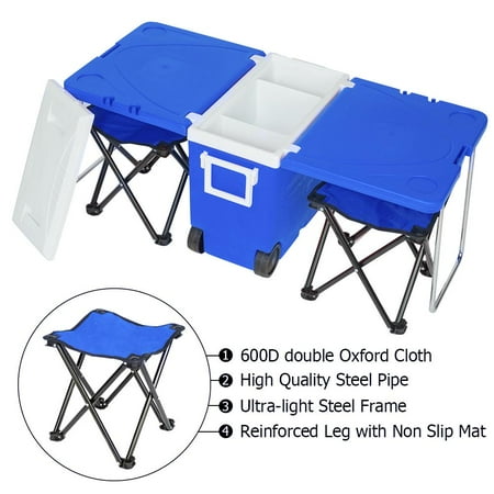 Table Coolers Ktaxon Multi Function Portable Rolling Cooler for Picnic Camping w/ Table & 2 Chairs Blue ()