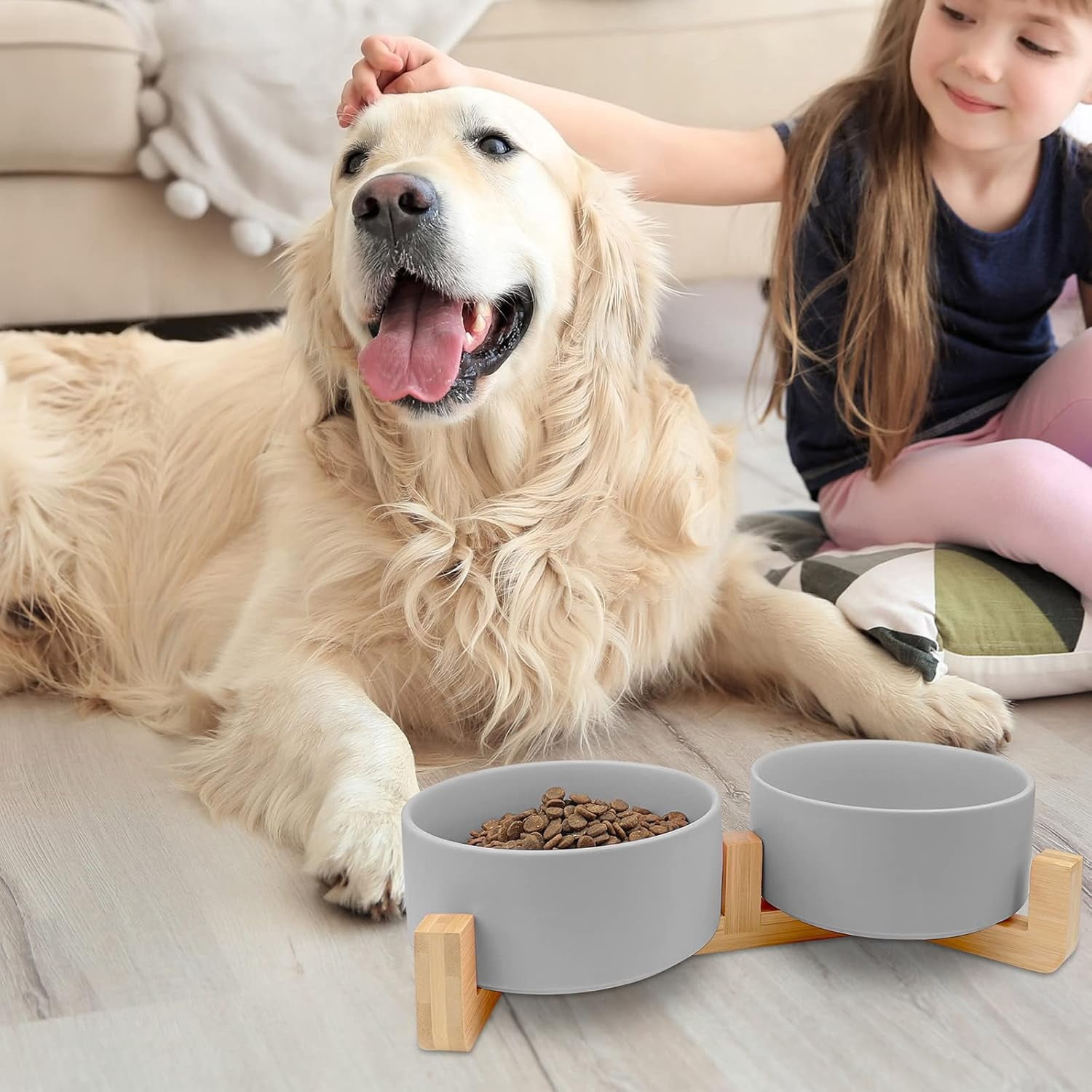 Ceramic Dog Bowls,Dog Bowl Set With Acacia Wood Stand - 13.5oz Ceramic Puppy Bowls For Small Dogs, Dual Food And Water Bowls With Weighted Non-Slip Base