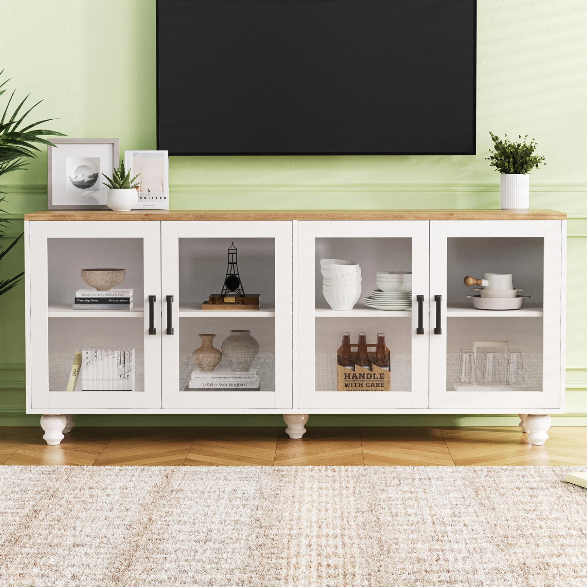 Euroco 63" Farmhouse TV Stand with Glass Doors & Adjustable Shelves, Buffet Sideboard Console with Solid Wood Gourd Legs, Vintage Display Cabinet for TVs up to 70", Living Room or Dining Room