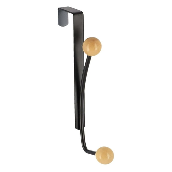 Over The Door Hook Rack Black Finish with 2 Natural Wooden Ball Ends