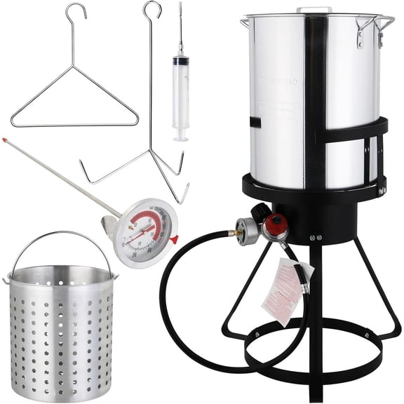 30QT Turkey Fryer with Boiler Steamer Set Basket & 55000BTU Propane Burner, Outdoor Deep Fryer & Seafood Crawfish Boil Pot with Thermometer, Marinade Injector, Turkey Rack & Rack Lifter