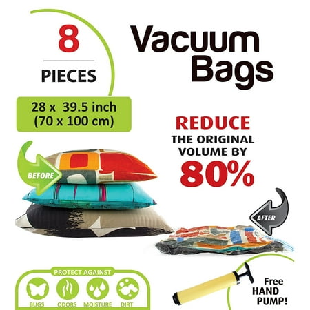 8 Pack Jumbo Vacuum Storage Space Saver Bag Set | Hand Vacuum Bags with Travel Pump | Space Bags for Home & Travel | Reusable Vacuum Bags | Airtight & Waterproof Saver Bags by Smart