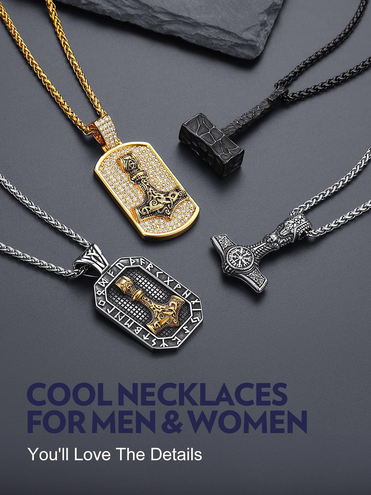 Bandmax Mens Black Nordic Dog Tag Pendant Necklace with Viking Runes Stainless Steel Thors Hammer Necklaces Chain Gift for Men