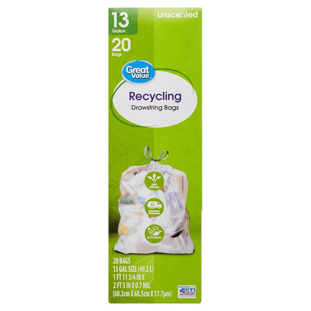 Great Value Clear Recycling Tall Kitchen Trash Bags, 13 Gallon, 20 Bags (Drawstring) Walmart