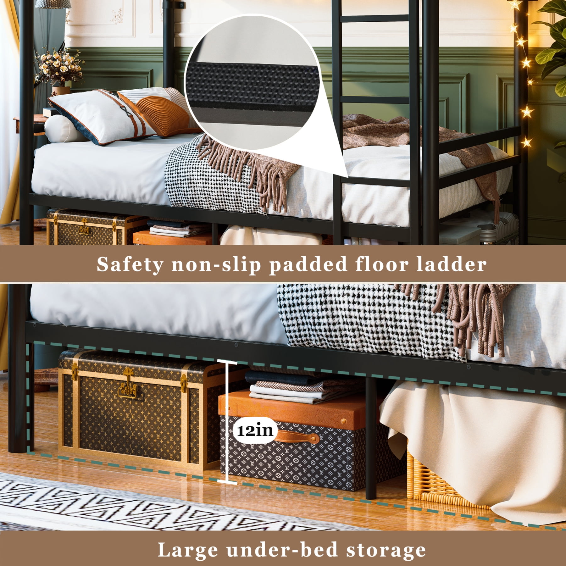Leumius Metal Bunk Bed Twin Over Twin,13.7" High Safety Guardrail, Heavy-Duty Slats Support Up to 600LBS, Sturdy Side Ladder, Large Under Bed Storage, Convertible into 2 Separate Twin Beds,Black