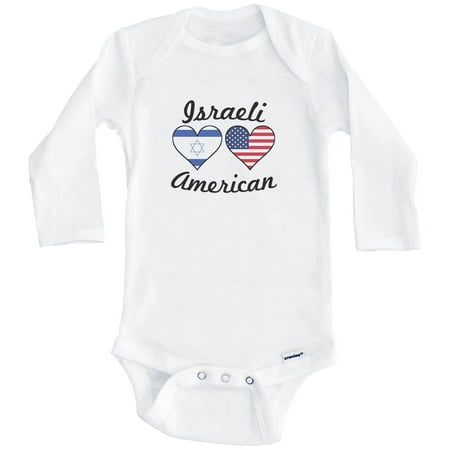 

Israeli American Flag Hearts Israel One Piece Baby Bodysuit (Long Sleeve) 3-6 Months White