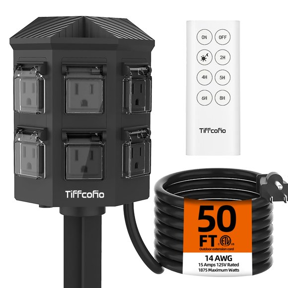 TiFFCOFiO Outdoor Power Strip with 50 FT Extension Cord, 100FT Remote Control, Dusk to Dawn Light Timer Waterproof, 6 Grounded Outlets for Yard, Pool and Garden, ETL