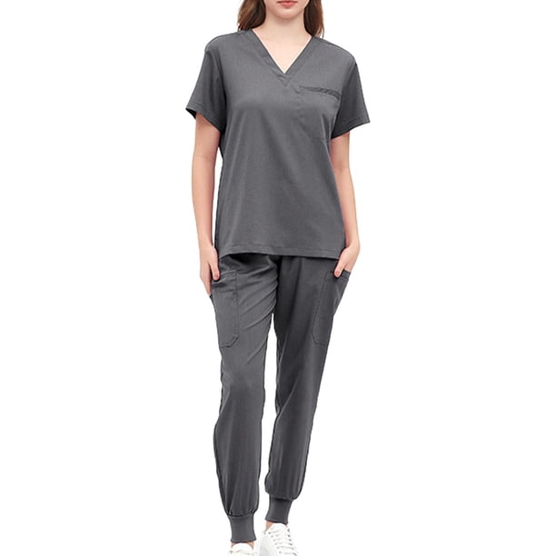 Conjunto de uniforme médico para mujer, camiseta y pantalones de enfermera de manga corta suaves con bolsillos Gris