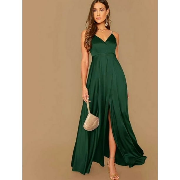 Maxi Vestido Dama de Fiesta Elegante Playa Cruzado en Satin -Verde