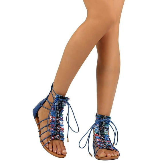New Women Liliana Bianca-21 Leatherette Multicolor Fringe Gladiator Sandal