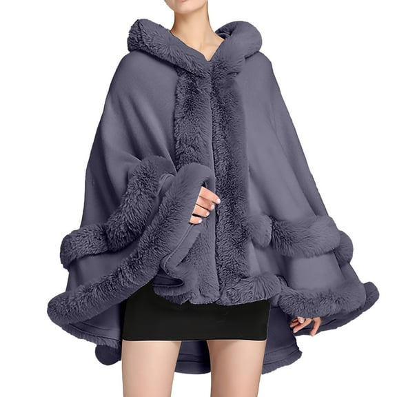 Tiqkatyck Faux Fur Shawl, Women Hooded Poncho Cape Faux Shawl Wrap With Trim Sleeveless Cardigan Cloak Fashion Tops Coat Fur Shawl Shawl Wraps for Women Grey One Size