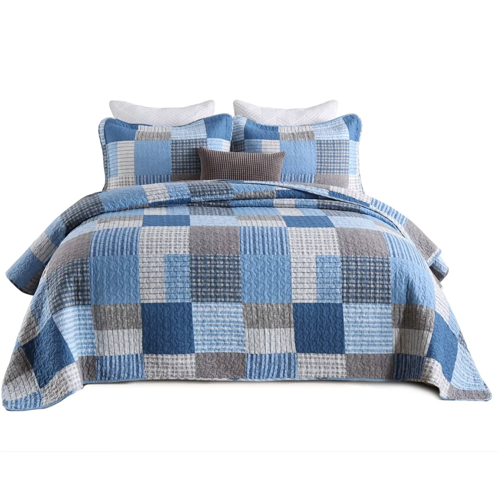 Bedduvit Cotton Quilt Queen Size - 3 Pieces 100% Cotton Lightweight Soft Blue Brown Queen Quilt Set with 2 Pillow Shams,Reversible Striped Plaid Queen Bedspread/Coverlet/Bedding Set for All Seasons