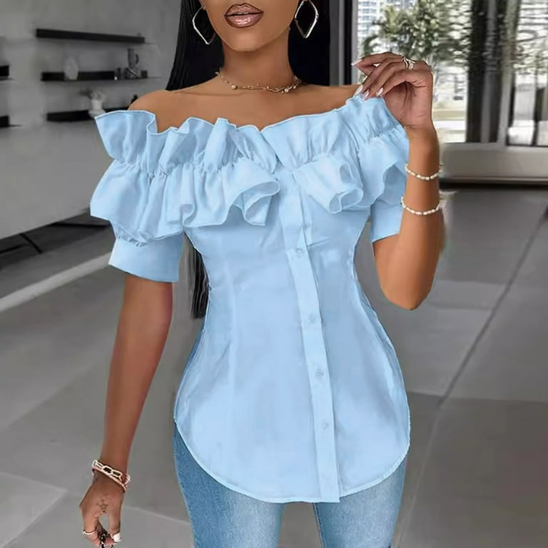BYHONG Women Off Shoulder Layered Ruffles Button Down Asymmetrical