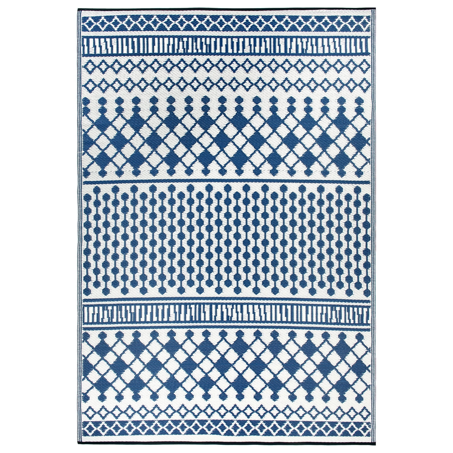 World Rug Gallery Contemporary Bohemian Geometric Reversible Recycled Plastic Outdoor Picnic Mat, Camping Rug, RV Rug - BLUE 5'x7'