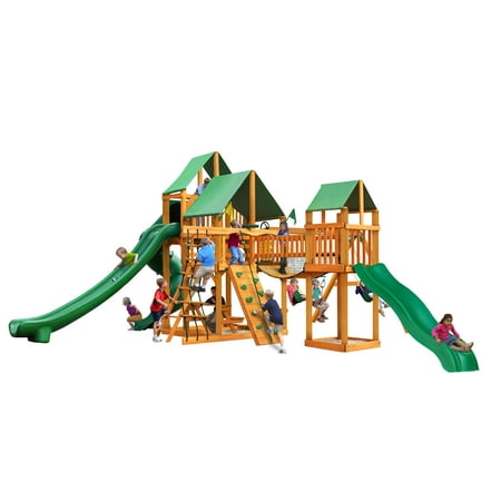Treasure Trove II Cedar Swing Set with Green Vinyl Canopy and Natural Cedar Posts