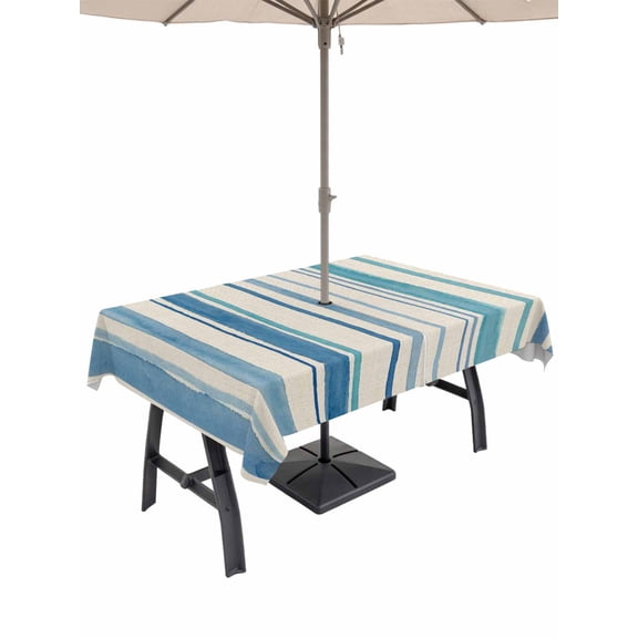 Outdoor Tablecloth with Umbrella Hole for Patio/Picnic/Party/Camping, Vintage Blue Teal Striped Waterproof Table Cloth Rectangle Table Cover Washable, Farmhouse Stripes Retro Art (60"x 102")