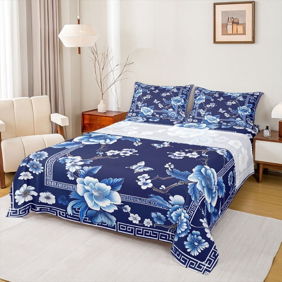 Castle Fairy Blue Peony Twin Sheet Sets for Teens,Chic Floral Flower Bedding