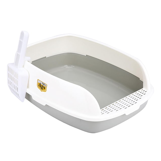 Almencla Cat Litter Box Easy to Clean High Sides Sandbox for Small Animals with Scoop Gray