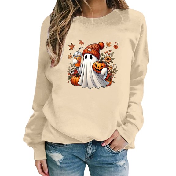 Tiweut Womens Casual Sweatshirts Vintage Printed Long Sleeve Round Neck Loose Fit Pullover Stylish Everyday Wear Relaxed Fit Tops Beige,L