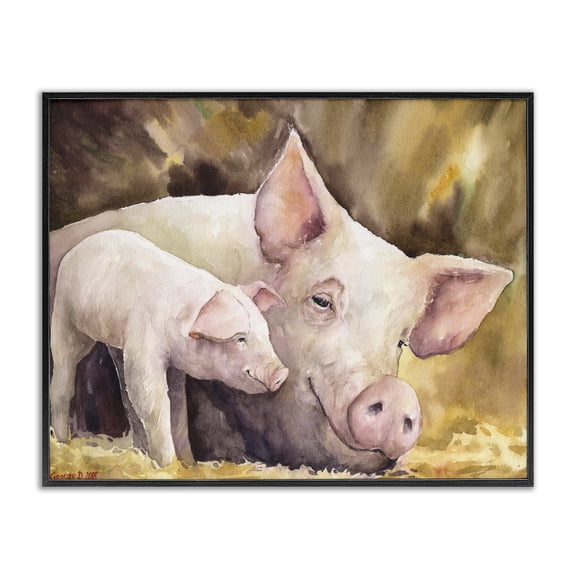 Stupell Industries French Country Baby Pig Family Animal Watercolor Black Framed Giclee Art, 14 x 11, by George Dyachenko