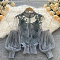 thumbnail image 4 of Women Cottagecore 3D Flower Blouse Bell Long Sleeve Sheer Lace Tops Lace Neckline Buckle Shirts, 4 of 7