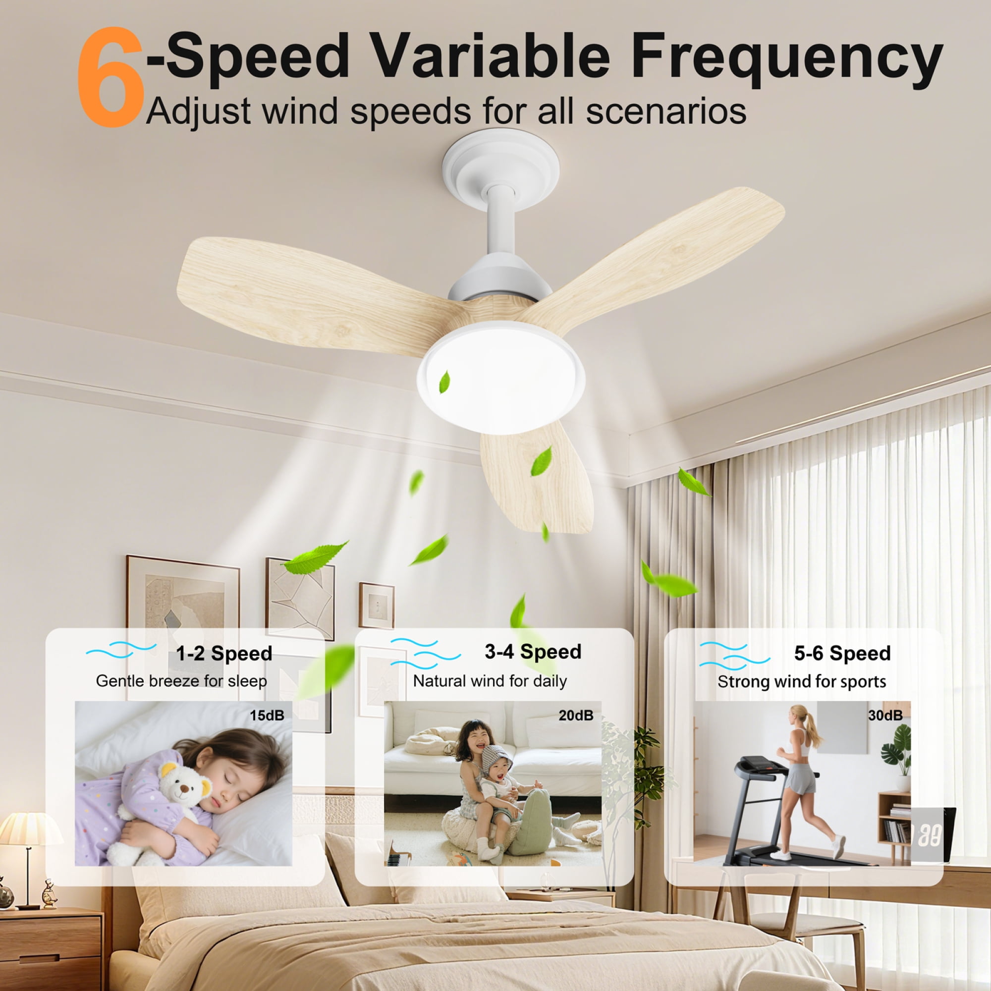 Leumius 24.4" Brown Ceiling Fan with Light, 3 Blades, 6-Speed Reversible Quiet DC Motor, Dimmable LED, APP & Remote Control, Flush Mount for Bedroom Living Room Covered Patio