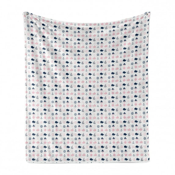 Nautical Soft Flannel Fleece Blanket, Childish Fish Dolphin Whale Anchor and Sailing Boats Pastel Toned Pattern, Cozy Plush for Indoor and Outdoor Use, 50" x 70", Dark Blue Pale Pink, by Ambesonne
