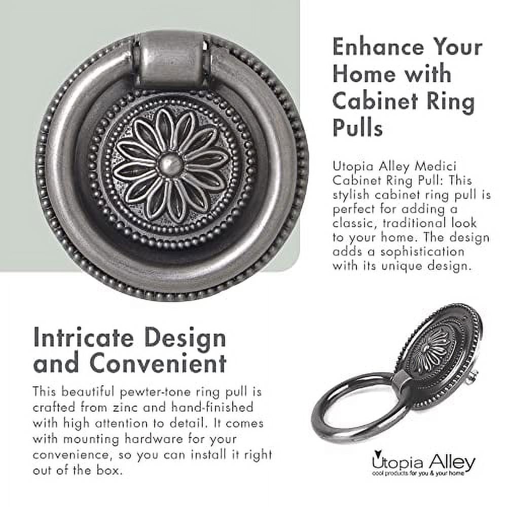 Utopia Alley 25pcs Medici Cabinet Ring Pull Knob - Decorative Cabinet Drop Pull Knobs for Cabinets and Drawers - Vintage Cabinet Hardware with Hand Finished Pewter - Metal Drawer Pull Knobs 1 5/8"