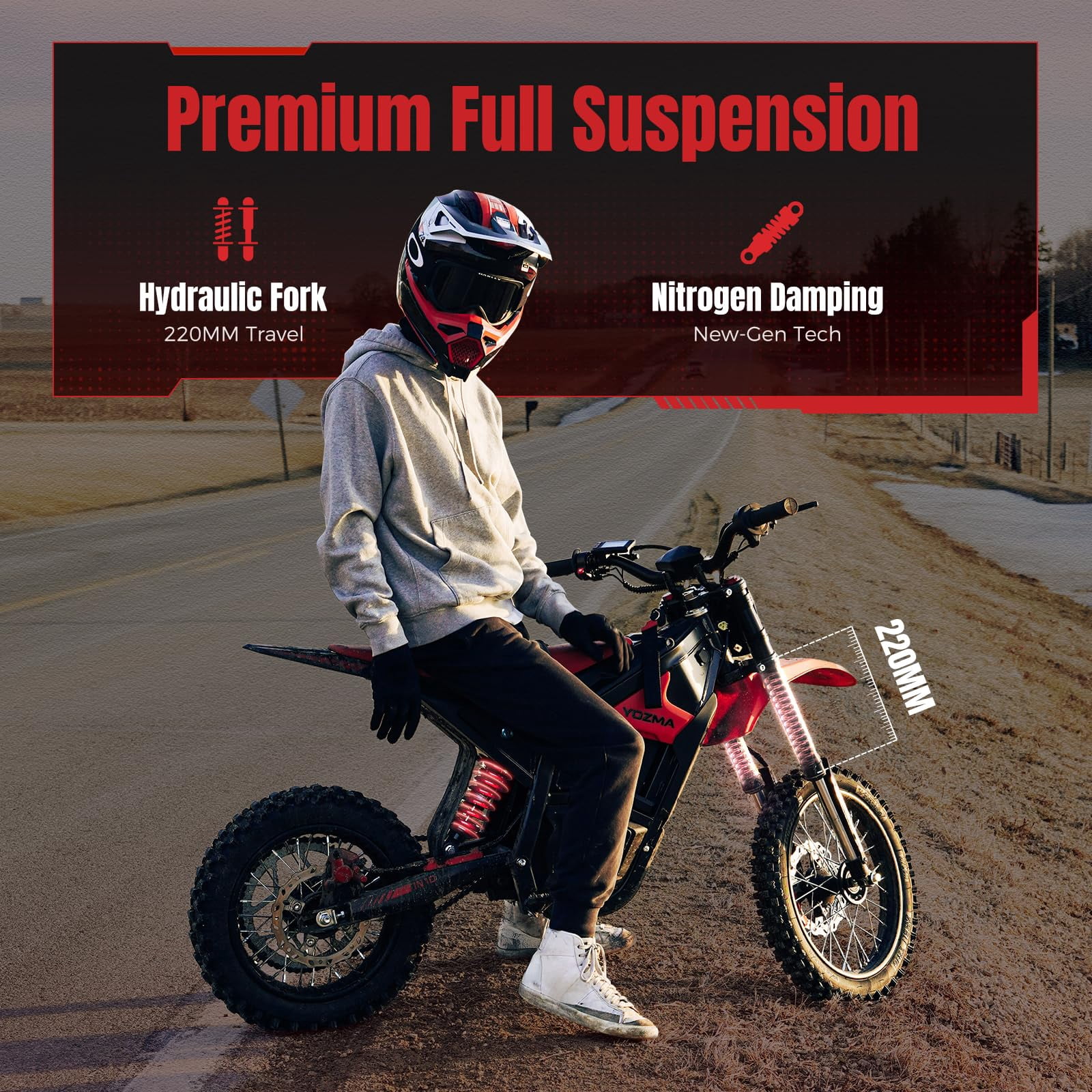 Yozma IN10 2600W Electric Dirt Bike, 40 MPH, 48V 23.4Ah, 53-Mile Range, Bike Lock Bundle, Red