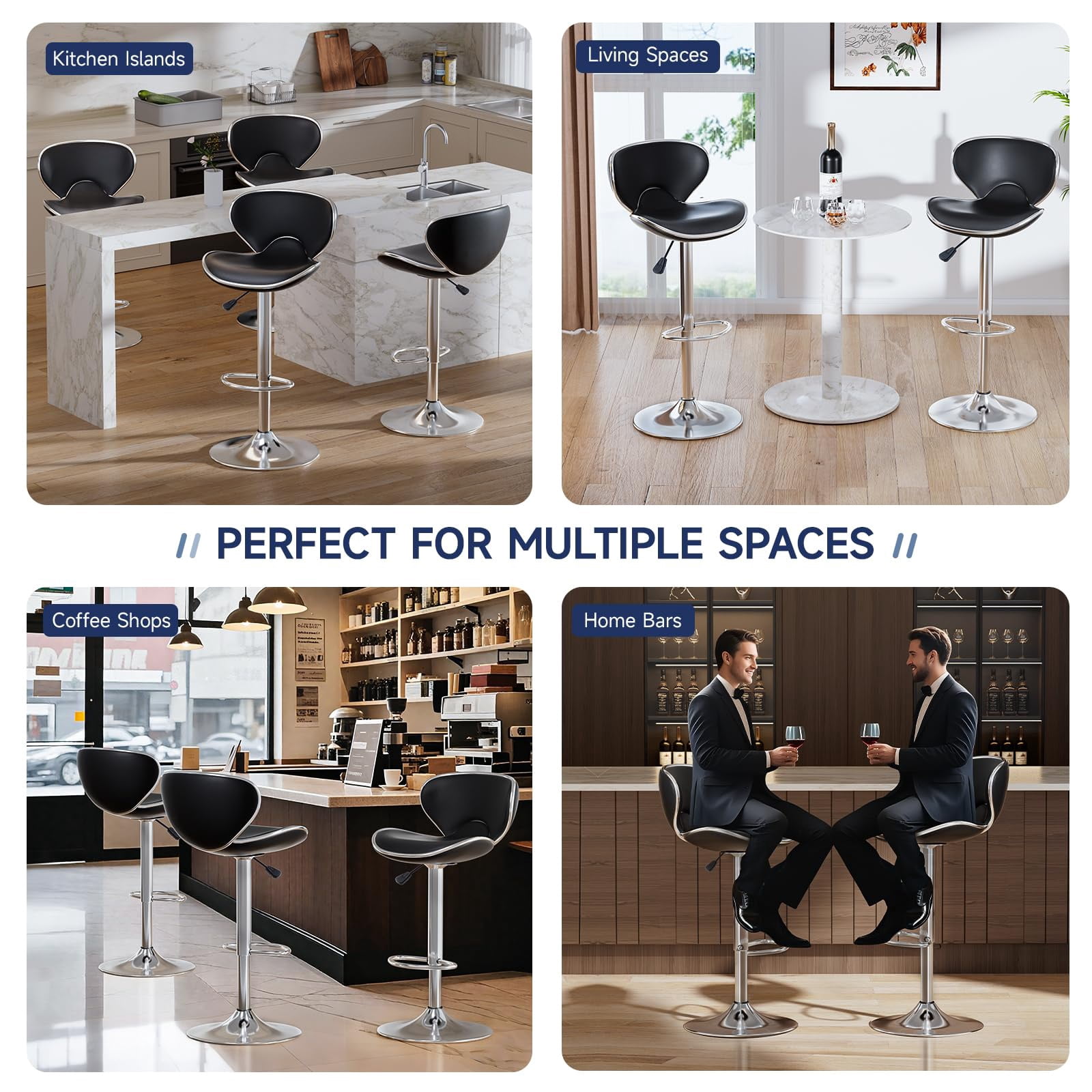 Adjustable Swivel Bar Stools Set of 2 , Modern PU Leather Upholstered Bar Chairs with Chrome Base for Kitchen Island, Dining Room, Pub, Counter (Black,Silver Base)