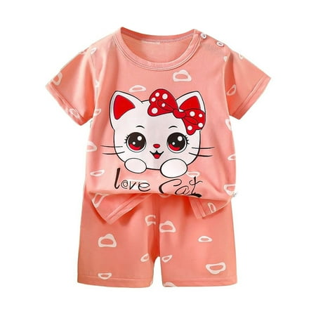 XUELUO Kids Boys Casual Outfit Sets Summer Cartoon Animal Print Crew Neck Short Sleeve Tshirts Tops And Shorts 2 Piece Holiday Wear Pink 5-6 Years