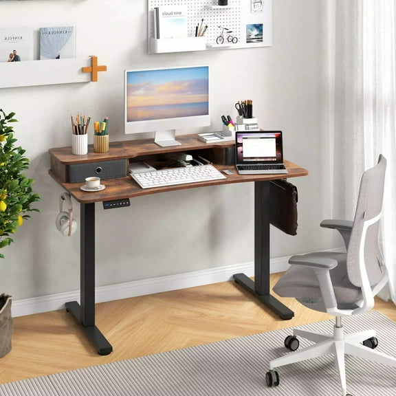 Auranook 48" x 24" Standing Desk with Drawers, Electric Stand-up Desk with Monitor Stand, 2 Drawers, Side Hooks, 3 Memory Heights, Anti-collision Design