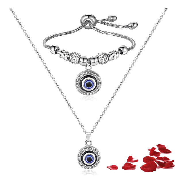 2 Ojo Turco Collar Y Pulsera De Acero Inoxidable Para Mujer LabG, color Plata
