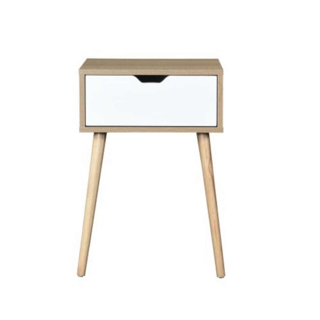 Side Table with 1 Drawer, Mid-Century Modern Nightstand with Rubber Wood Legs, Small Storage Cabinet for Bedroom Living Room, Natural