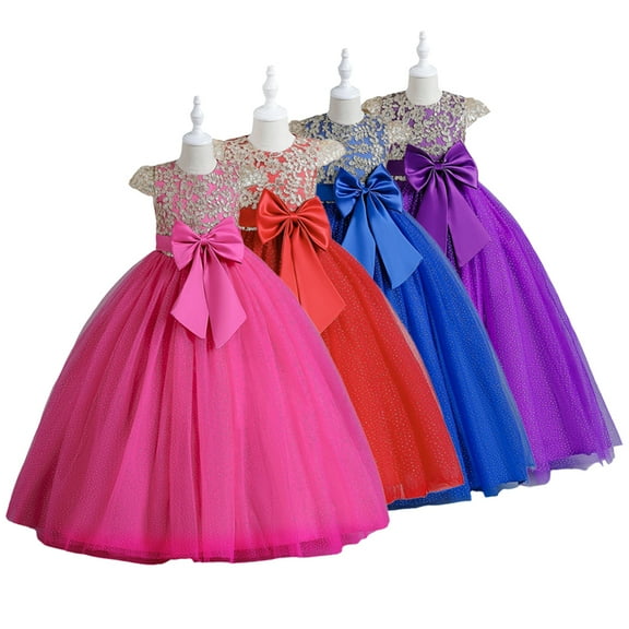 Godderr Girls Flower Girl Lace Dress for Kids Wedding Bridesmaid Pageant Party Formal Long 5-14Y Teen Girls Junior Bridesmaid Dresses Birthday Dance Prom Sequin Bowknot Puffy Tulle Dresses