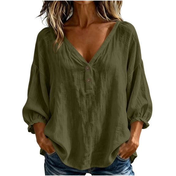 Raeneomay Women's and Women's Plus V-Neck 3/4 Sleeve Top Relaxed Fit Casual Blouse for Fall and Spring Wear