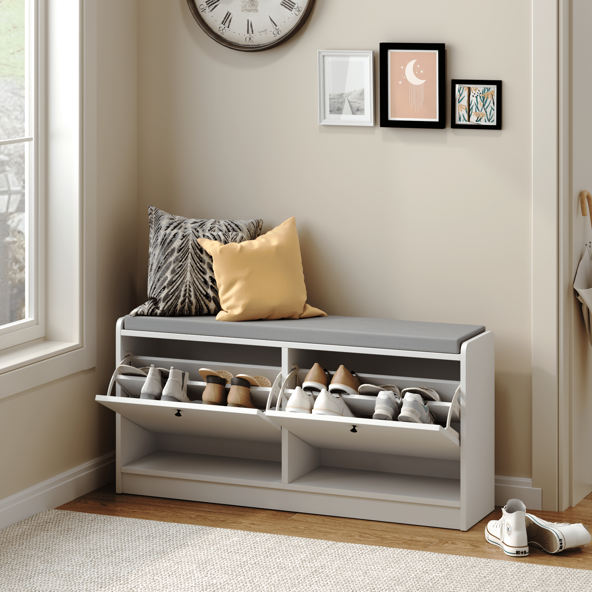 Yoneston Shoe Rack Bench with Cushion, Shoe Cabinet Storage Bench for Entrance, Hallway, Living Room, Bedroom,White
