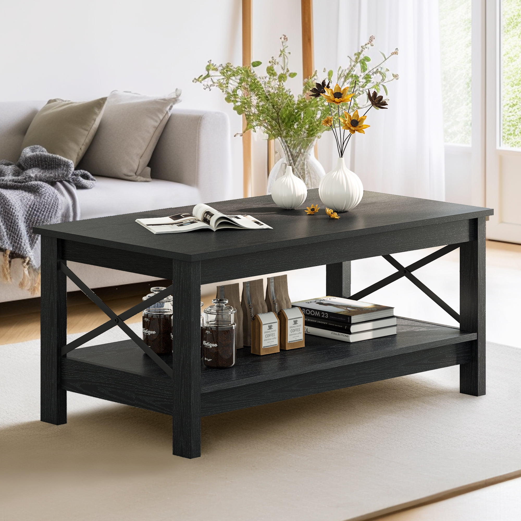 Dextrus Farmhouse Coffee Table with Open Storage Shelf, 2-Tier Thicken Wood Accent Cocktail Center Ends Table for Living Room Home Office, Black