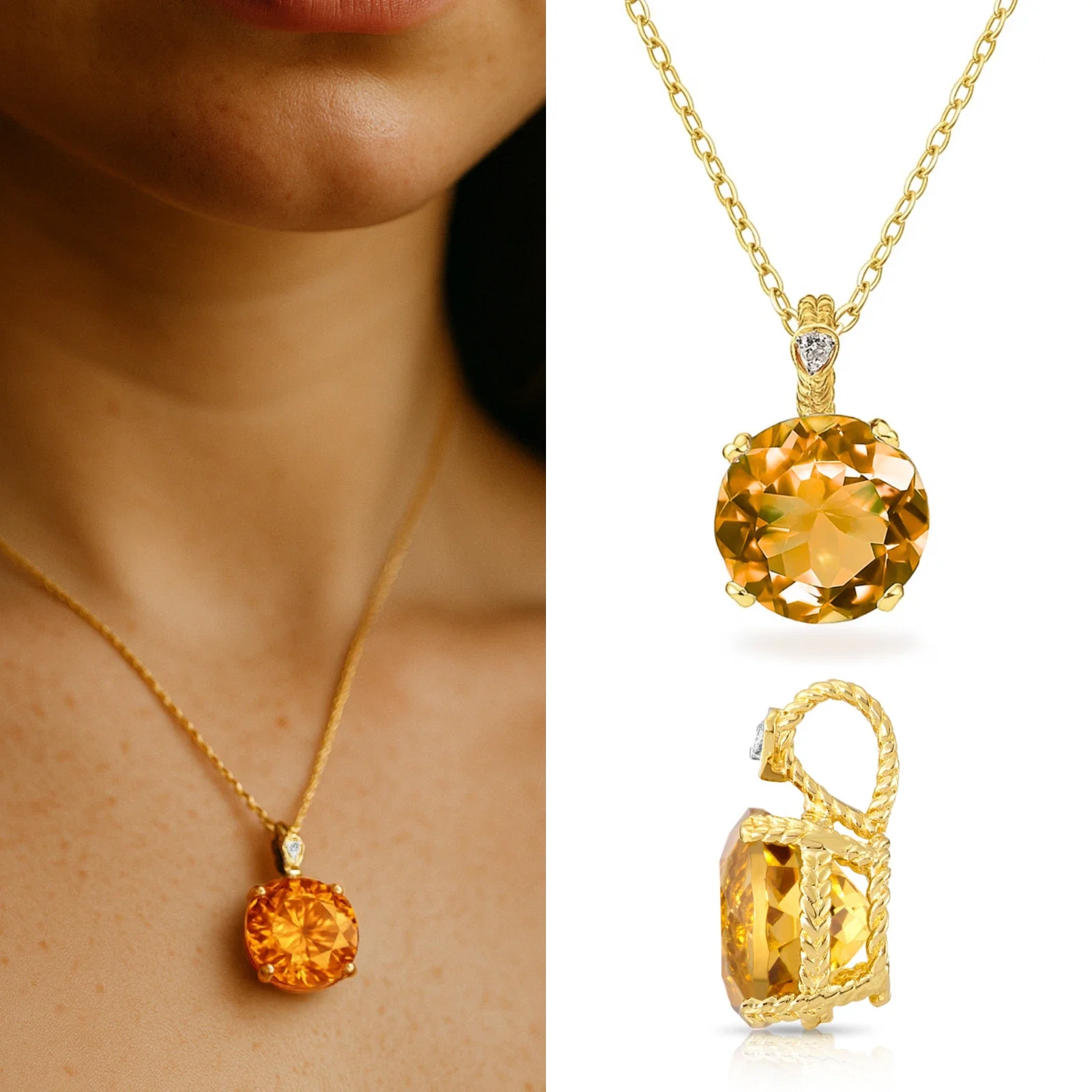 Tilo Jewelry 14K Yellow Gold 5 Carat Citrine Gemstone Solitaire Pendant Necklace with Diamond Accents for Women & Unisex | 18 Inch Cable Chain