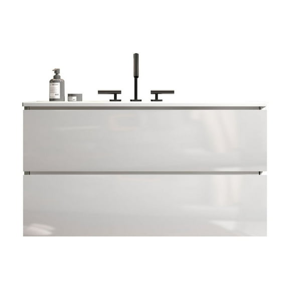 36-Inch Floating Wall-Mount Bathroom Vanity with Ceramic Sink, Three Faucet Holes & Expanded Storage, Space-Saving Glossy White Design for Modern Small Bathrooms