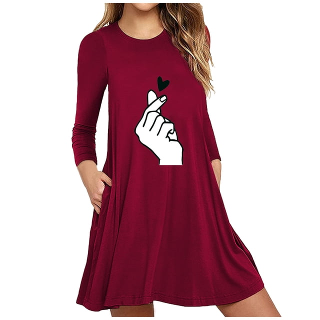 Robe Longue à Manches Longues pour Femmes, Imprimée, avec Poches, Décontractée, Ample